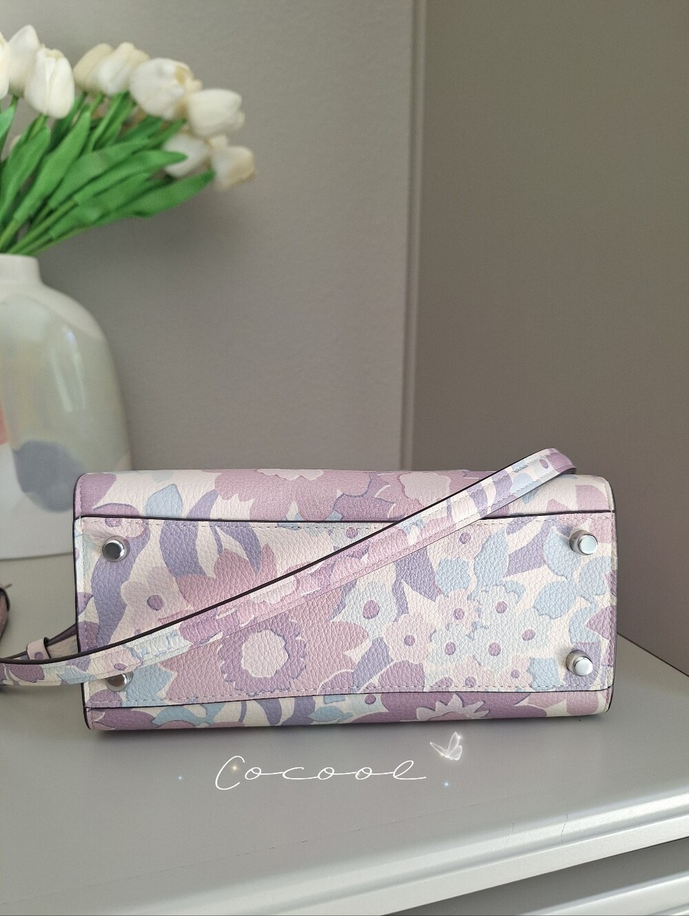 NEW COACH Maggie Small Tote Bag Crossbody Floral Print In Leather Ivory/Purple - Picture 5 of 8